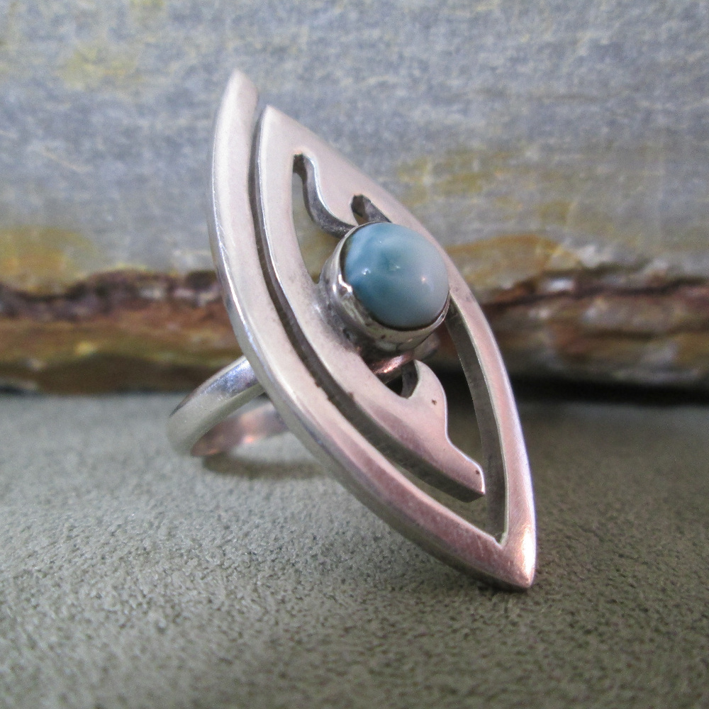 Sterling Silver Larimar Ring, Modern Tribal Design
